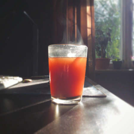 hot coffee on the table in the morningの写真素材