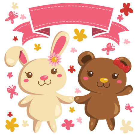 Bunny and bear vector in cute cartoon style with girls friendship theme. With a title banner flowers and butterflies in pinkish color.のイラスト素材