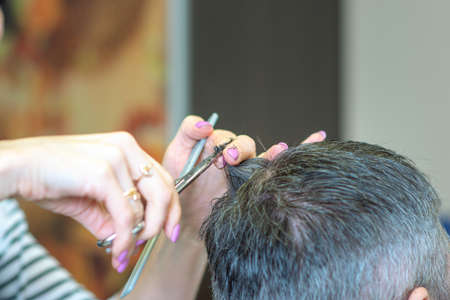 Haircut for the elderly. The process of cutting a gray-haired man in a Barber shop.のeditorial素材