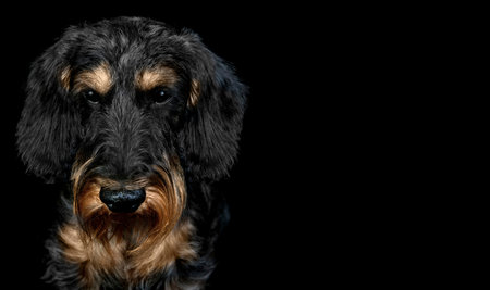 Portrait of a dog breed Wirehaired Dachshund on a black background, looking angrily at the camera