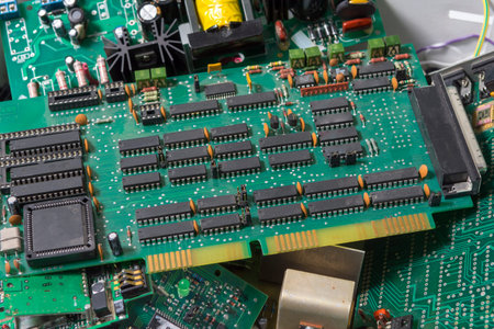 selective focus of Electronic waste of PCB circuit board. Recycling and disposal of electronic...