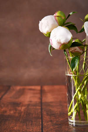 Beautiful still life with white peonies on a dark background. A delicate romantic bouquet for a wedding, holiday, anniversary. A picture for a postcard.の写真素材