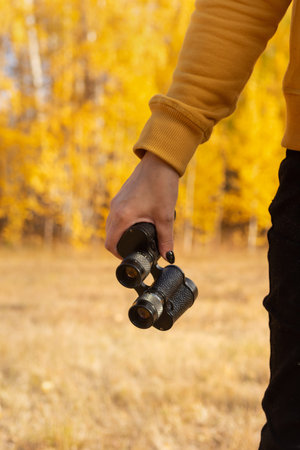 A woman's hand with binoculars on the background of an autumn forest. The concept of the road,...
