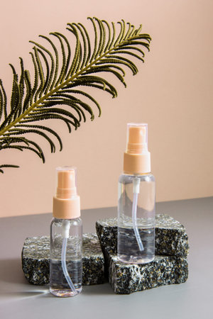 A set of cosmetics on a beige background on a stone podium with a leaf of dried fern flower. Healthy cosmetology, the concept of spa treatment.の写真素材