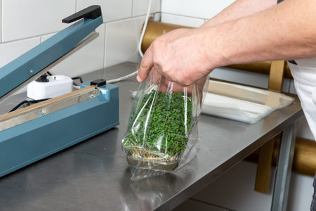 Packaging of the harvest of micro-green peas for sale in the supermarket.Production of...