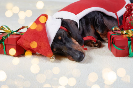 Cute dachshund dog in a Santa hat on the background of a Christmas tree. the dog at home on the bed congratulations on holidays and celebrationの写真素材