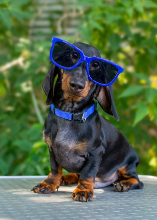 dachshund dog in blue sunglasses on a table against a background of green foliageの写真素材