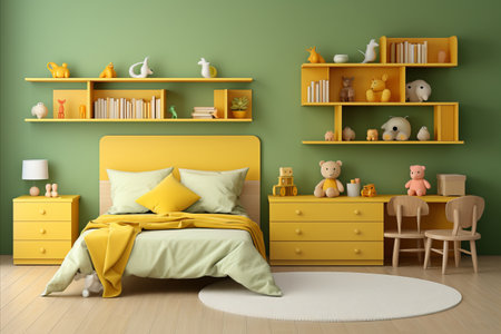 Cozy Childrens Room Interior with Bed, Armchair, Rug, Toys, Bookcase and Paintingsの素材