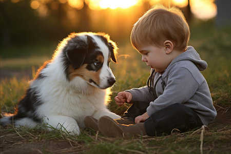 Serene Park Bond. Sweet Child Tenderly Petting Playful Puppy Amidst Lush Green Grass.の素材