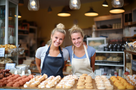 Cheerful saleswomen presenting a delectable array of freshly baked pastries at the local bakery.の素材