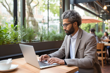 Professional male freelancer working on laptop at cafe table, concept of remote work and freelancing.の素材