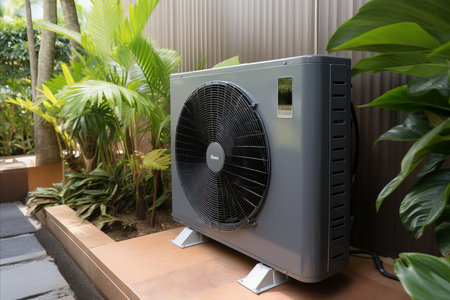 Energy-Efficient Heat Pump Installed in Residential Building - Clean and Green Heating.の素材