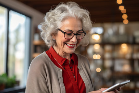 Happy Mature 70s Woman, Elderly Lady Using Mobile App to Text Message on Couch at Home.の素材