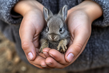 Child holds adorable bunny on farm, illustrating the practice of rabbit breedingの素材