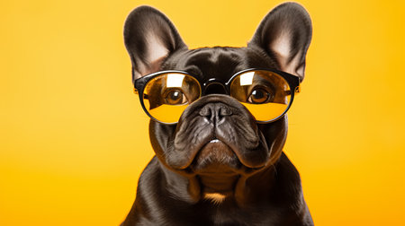 Fashionable dog in sunglasses on yellow background, funny pet in eyeglasses - cool animal conceptの素材