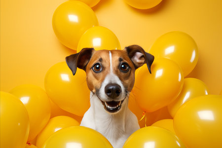 Surprised dog looking amazed and impressed, standing against vibrant yellow backgroundの素材