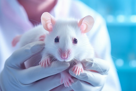 Scientist conducting close-up animal testing on laboratory mice, research concept.の素材