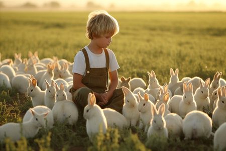 Young boy lovingly feeding adorable rabbits on a serene meadow at the enchanting rabbit farm.の素材