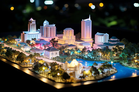 Detailed paper model of a modern city with lighting, 16.9 aspect ratio, urban architecture concept.の素材