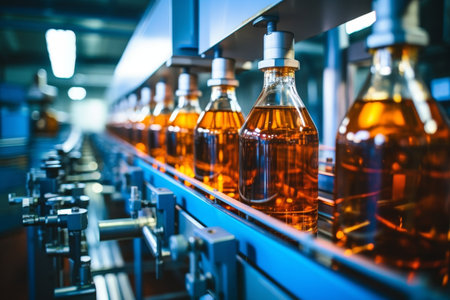 Modern beverage bottling production line with plastic bottles at clean and organized factory.の素材