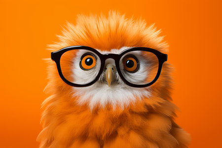 Adorable owl wearing glasses on vibrant orange background, funny and cute animal portrait.の素材