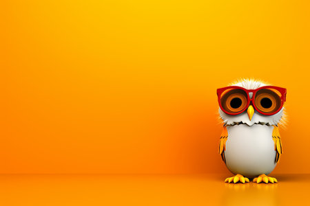 Adorable owl with glasses perched on bright orange background, funny and charming wildlife themeの素材