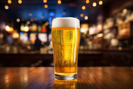 Refreshing pint of light beer poured from the tap into a frothy, oversized glass.の素材