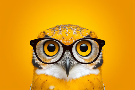 Whimsical owl in fashionable glasses posing elegantly against a vibrant orange background.の素材