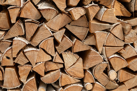 Stack of dried firewood from birch wood. Harvesting wood for the winter. Firewood background.