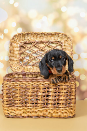 Small black and tan miniature dachshund puppy in a wicker basket on a beige backgroundの写真素材