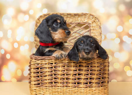 Two Adorable Puppies in a Wicker Basket on a Fluffy Blanket with a Bokeh Background in Warm Colorsの写真素材