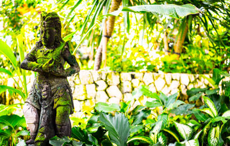 Stone statue of a Hindu god with green leafの写真素材