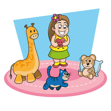 Little girl playing with her toys and her catのイラスト素材