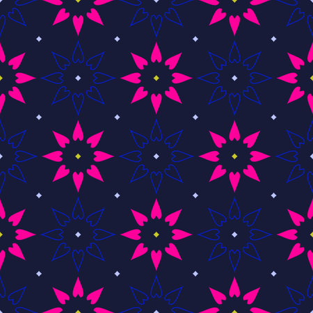 Colorful flowers geometric motif pattern vibrant pink and blue floral continuous background. Modern fabric design textile swatch allover print block. Contemporary contrast palette.のイラスト素材