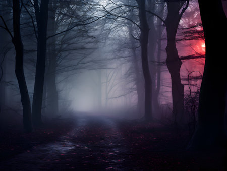Dark forest with fog and beautiful colors, hazy forest, Horror forest background, forest surrounded by dense trees, road or path through dark forestの素材