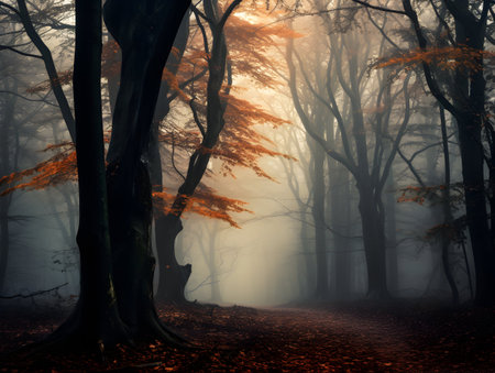 Dark forest with fog and beautiful colors, hazy forest, Horror forest background, forest surrounded by dense trees, road or path through dark forestの素材