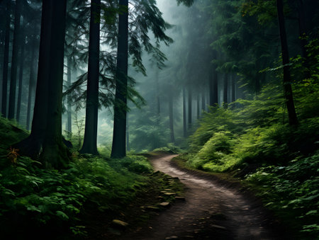 Dark forest with fog and beautiful colors, hazy forest, Horror forest background, forest surrounded by dense trees, road or path through dark forestの素材