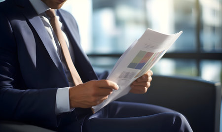 Business person reading annual report or business journal, Business photo, Businessman reading marketing documentsの素材