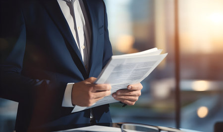 Business person reading annual report or business journal, Business photo, Businessman reading marketing documentsの素材