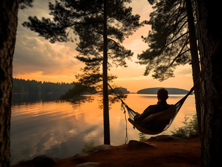 Camping with friends near lake and mountain, camping tent setup near river or mountain , hiking and camping on hill-side, enjoying vacation on camping, ai generatedの素材