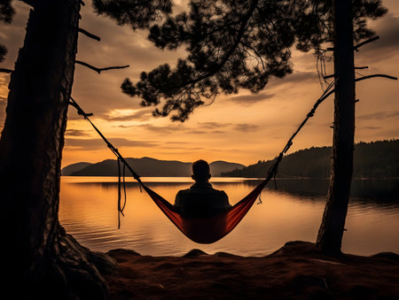 Camping with friends near lake and mountain, camping tent setup near river or mountain , hiking and camping on hill-side, enjoying vacation on camping, ai generatedの素材