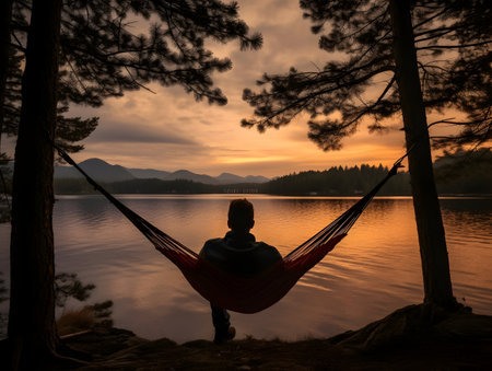 Camping with friends near lake and mountain, camping tent setup near river or mountain , hiking and camping on hill-side, enjoying vacation on camping, ai generatedの素材