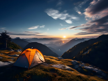 Camping with friends near lake and mountain, camping tent setup near river or mountain , hiking and camping on hill-side, enjoying vacation on camping, ai generatedの素材