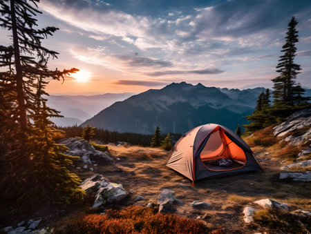 Camping with friends near lake and mountain, camping tent setup near river or mountain , hiking and camping on hill-side, enjoying vacation on camping, ai generatedの素材