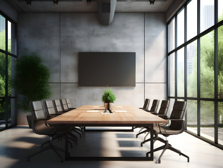 Empty conference room with desk and chairs, business meeting room, empty seminar or training room, business discussion area, business meeting room interiorの素材