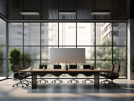 Empty conference room with desk and chairs, business meeting room, empty seminar or training room, business discussion area, business meeting room interiorの素材