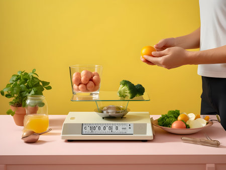 Ai generated diet plan and weight loss photo, proper nutrition, vegetables and fruits for diet plan and healthy lifestyle, weight loss pills and supplements, fitness routineの素材