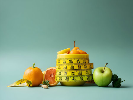 Ai generated diet plan and weight loss photo, proper nutrition, vegetables and fruits for diet plan and healthy lifestyle, weight loss pills and supplements, fitness routineの素材