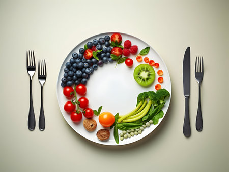 Ai generated diet plan and weight loss photo, proper nutrition, vegetables and fruits for diet plan and healthy lifestyle, weight loss pills and supplements, fitness routineの素材