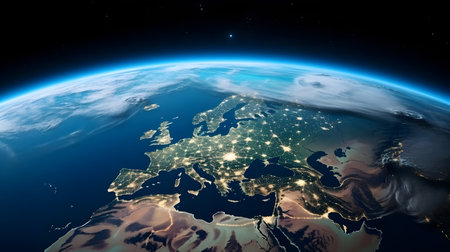 Ai generated earth planet viewed from the sky at night scape view, Planet Earth science map. Elements of this image furnished by NASA.の素材